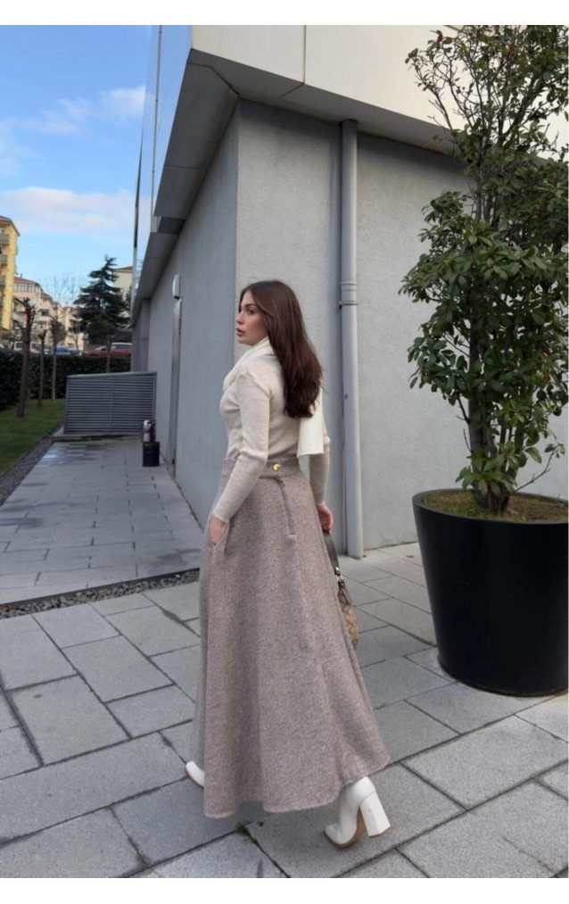 Pasaklı Giyim Kadın Kışlık Kırçıllı Kaşe Yüksek Bel Şık Uzun Kiloş Etek Kahverengi 3528330