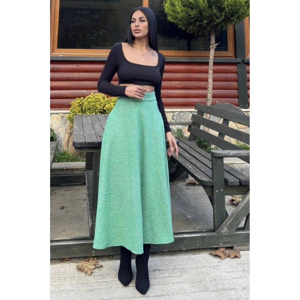 Pasaklı Giyim Pasaklı Giyim Kadın Kışlık Kırçıllı Kaşe Yüksek Bel Şık Uzun Kiloş Etek Yeşil - Premium Kadın Giyim
