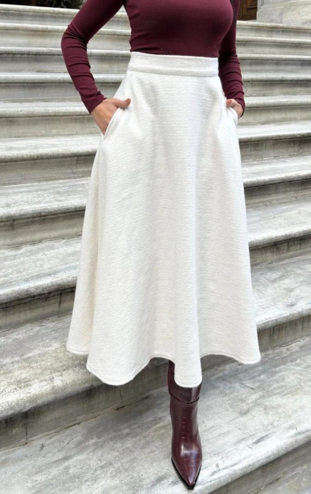 Pasaklı Giyim Kadın Kışlık Kırçıllı Kaşe Yüksek Bel Şık Uzun Kiloş Etek Ekru 3528330