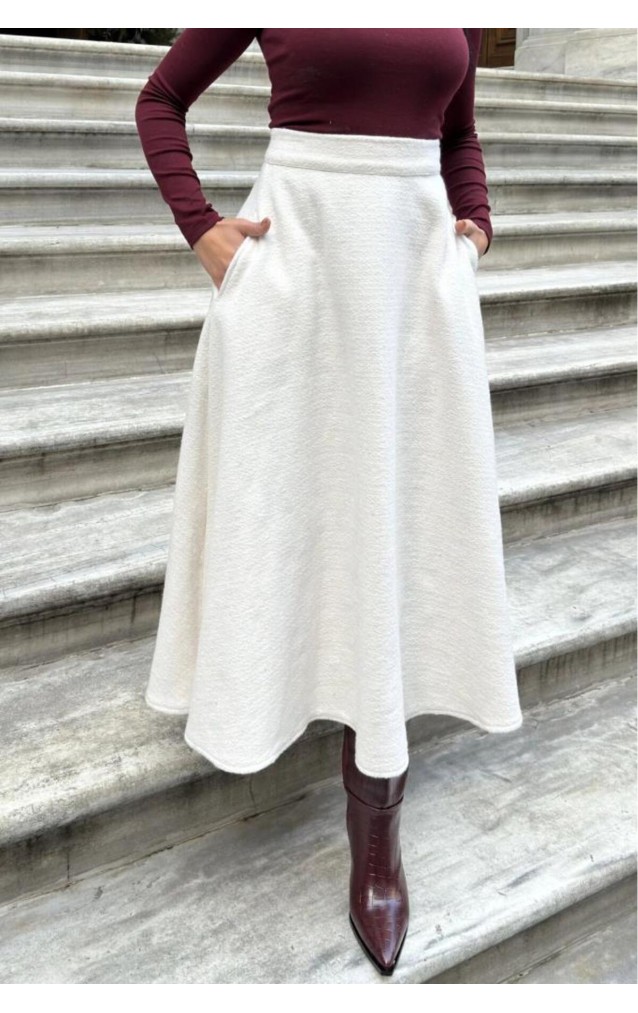 Pasaklı Giyim Kadın Kışlık Kırçıllı Kaşe Yüksek Bel Şık Uzun Kiloş Etek Ekru 3528330
