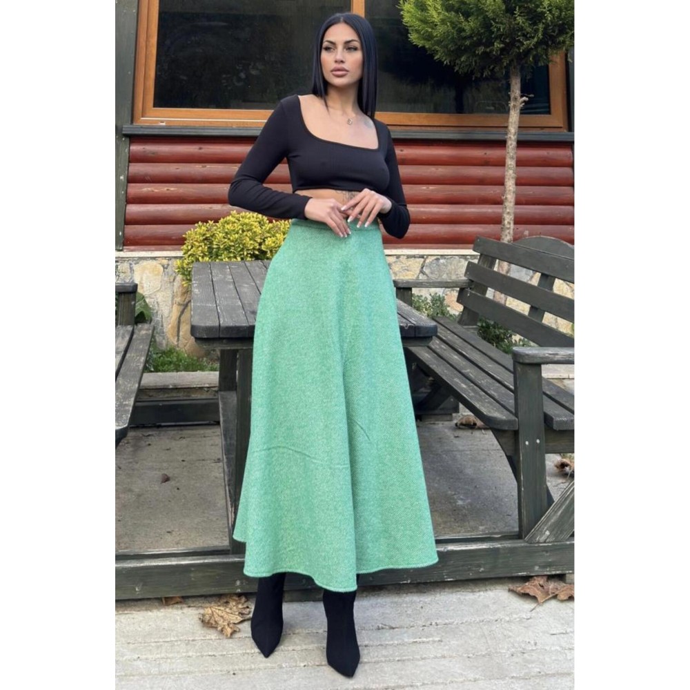 Pasaklı Giyim Pasaklı Giyim Kadın Kışlık Kırçıllı Kaşe Yüksek Bel Şık Uzun Kiloş Etek Yeşil - Premium Kadın Giyim