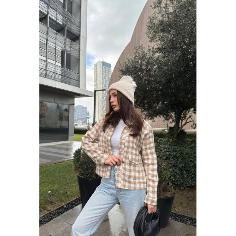 Pasaklı Giyim Pasaklı Giyim Kadın Kaşe, Şanel Ekose Tüvit Ceket Vizon - Premium Kadın Giyim