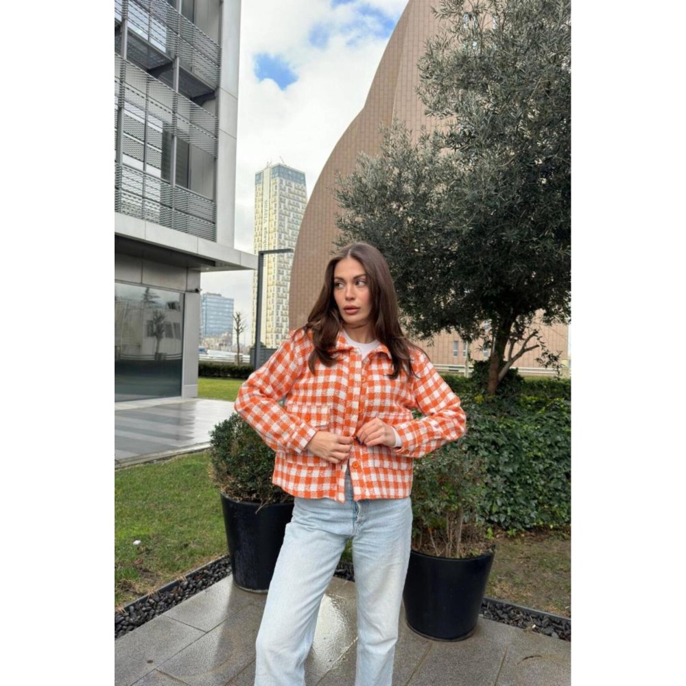 Pasaklı Giyim Pasaklı Giyim Kadın Kaşe, Şanel Ekose Tüvit Ceket Turuncu - Premium Kadın Giyim