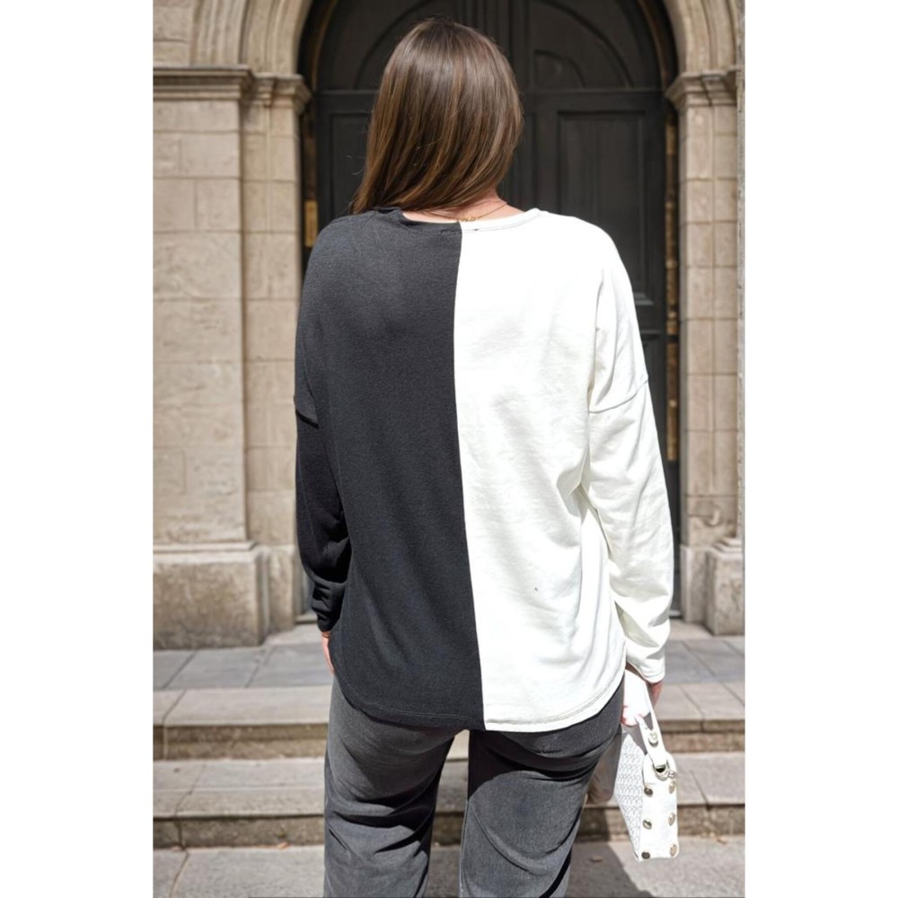 Pasaklı Giyim Pasaklı Giyim Kadın Color Block V Yaka Bluz Beyaz - Premium Kadın Giyim