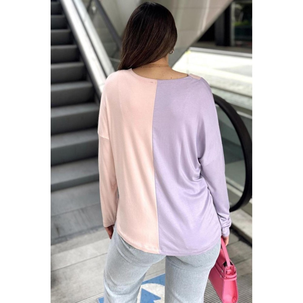 Pasaklı Giyim Pasaklı Giyim Kadın Color Block V Yaka Bluz Lila - Premium Kadın Giyim