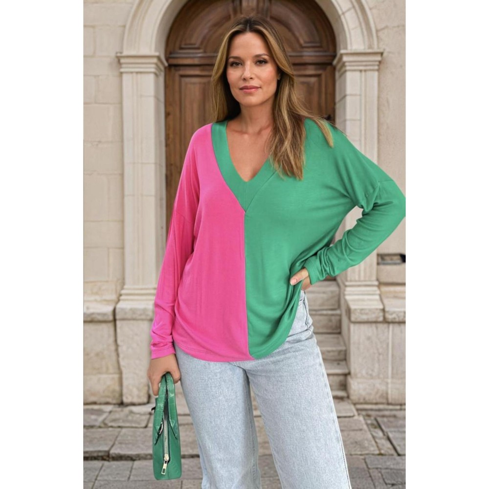 Pasaklı Giyim Pasaklı Giyim Kadın Color Block V Yaka Bluz Fuşya - Premium Kadın Giyim