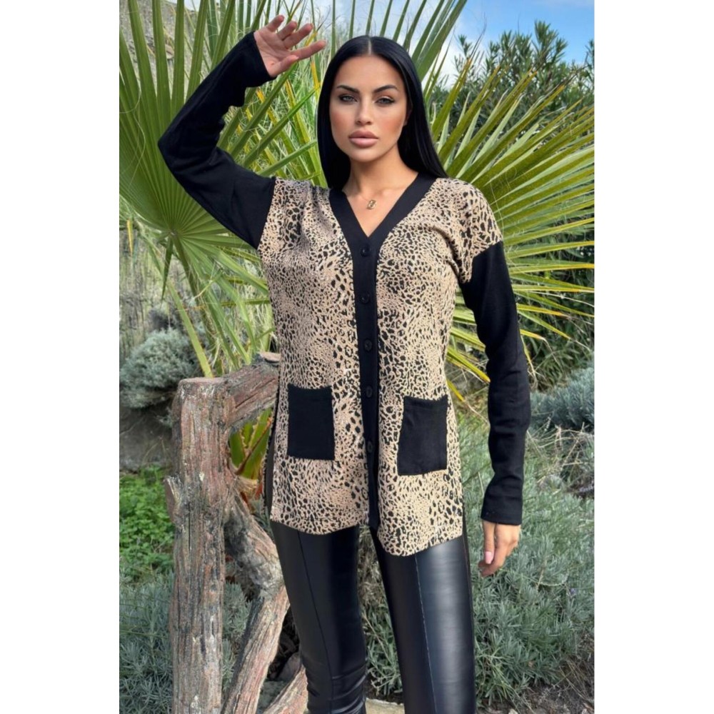 Pasaklı Giyim Pasaklı Giyim Kadın Leopar Desenli Yırtmaçlı Siyah Hırka - Premium Kadın Giyim