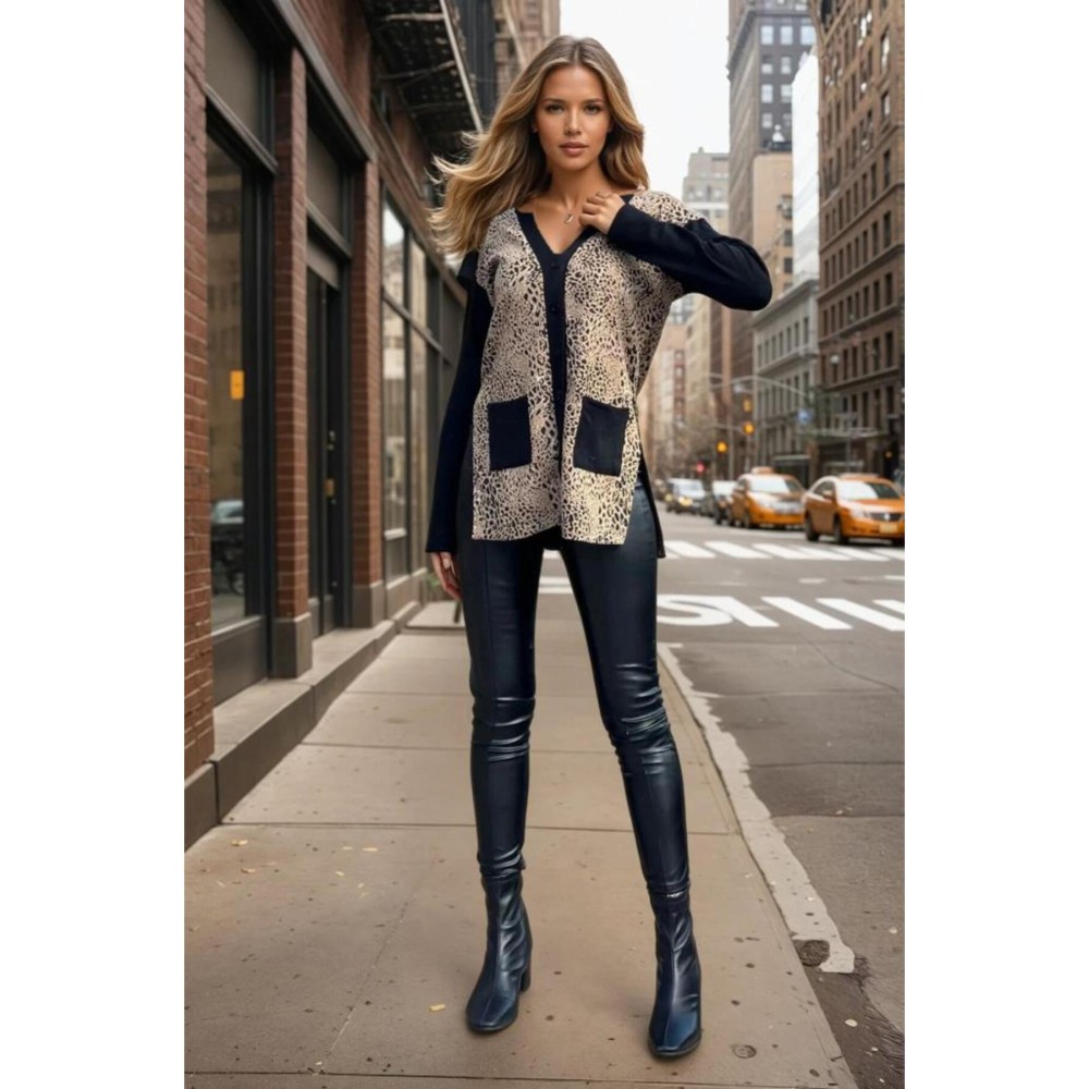 Pasaklı Giyim Pasaklı Giyim Kadın Leopar Desenli Yırtmaçlı Siyah Hırka - Premium Kadın Giyim