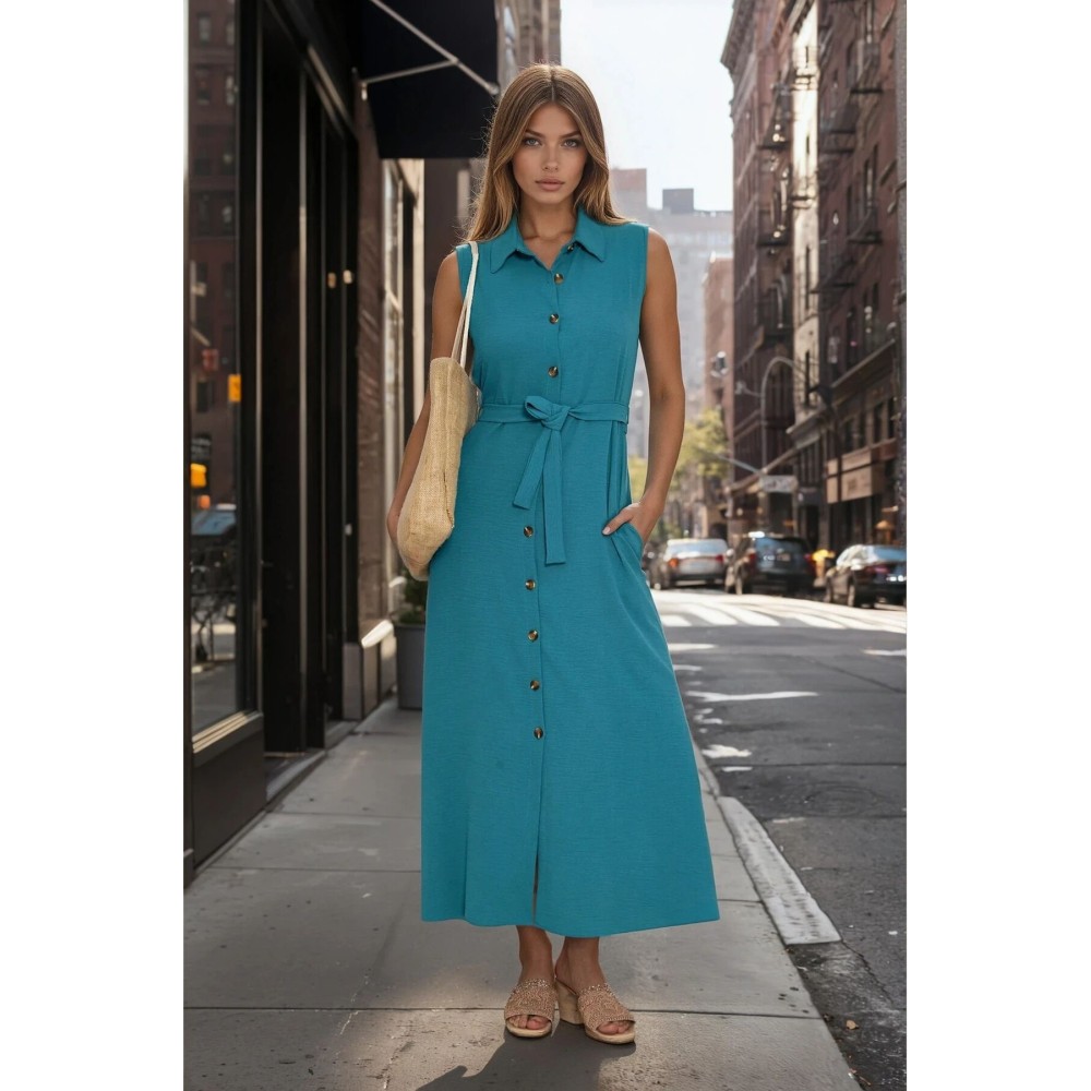 Pasaklı Giyim Pasaklı Giyim Giy Çık Kolsuz Uzun Gömlek Elbise Petrol Yeşil - Premium Kadın Giyim