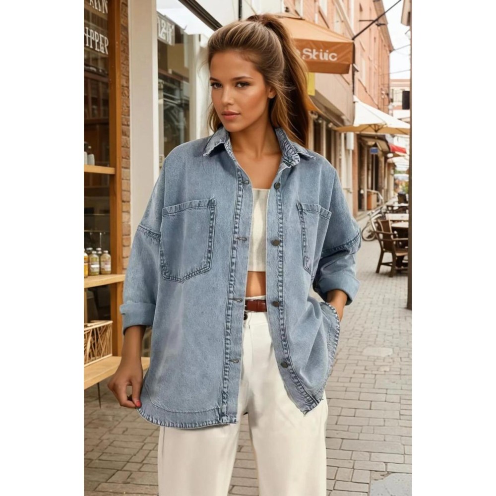 Pasaklı Giyim Pasaklı Giyim Kadın Kot Ceket Gömlek Kt Buz Mavi - Premium Kadın Giyim