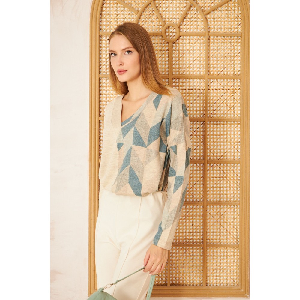 Pasaklı Giyim Kadın Petrol Yeşil Bej Salaş Oversize Geniş Kesim V Yaka Yumuşak Doku Akrilik Kazak - Premium Kadın Giyim