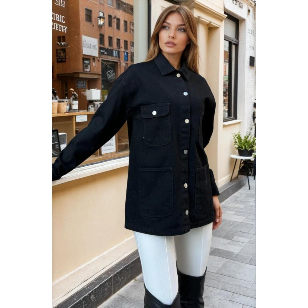 Pasaklı Giyim Pasaklı Giyim Kadın Siyah Oversize Gabardin Kot Ceket Gömlek -100451 - Premium Kadın Giyim