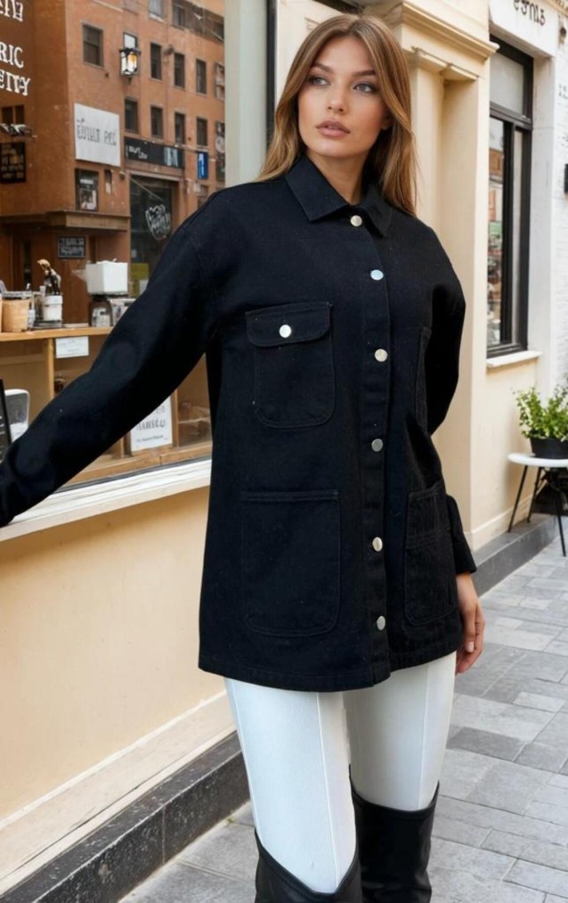 Pasaklı Giyim Kadın Siyah Oversize Gabardin Kot Ceket Gömlek KT00-100451