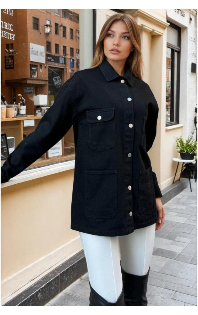Pasaklı Giyim Kadın Siyah Oversize Gabardin Kot Ceket Gömlek KT00-100451