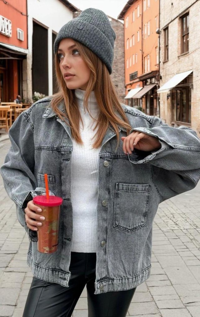 Pasaklı Giyim Kadın Kot Ceket KT002481 Gri