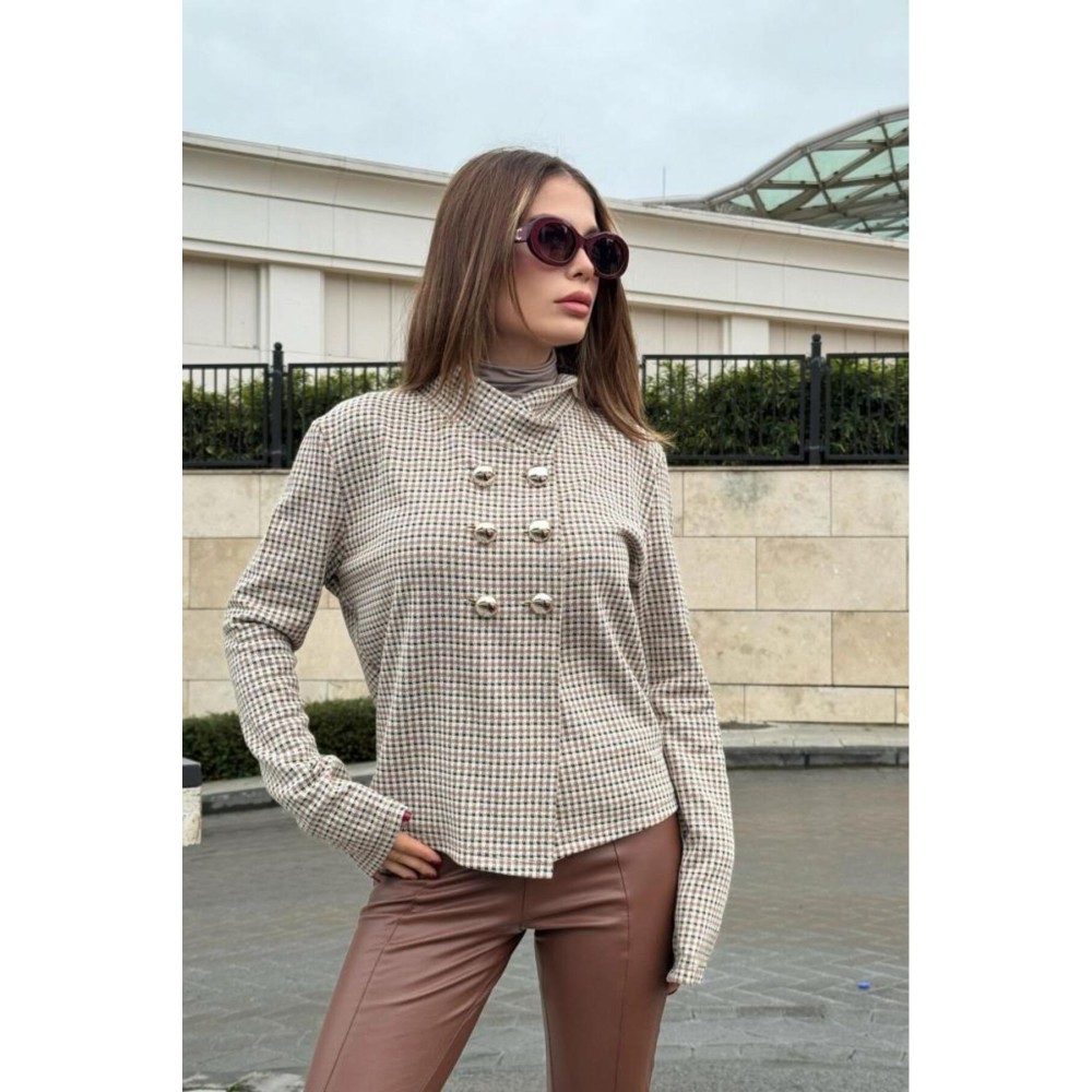 Pasaklı Giyim Kadın Ekose Dik Yaka İnce Baharlık Şık Tarz Jakar Örme Ceket (Astarsız) Vizon - Premium Kadın Giyim