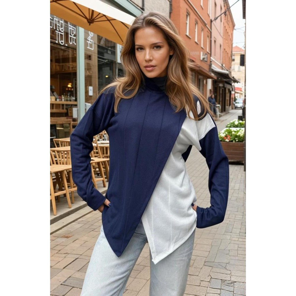 Pasaklı Giyim Pasaklı Giyim Kadın İki Katlı Kazak Lacivert-Beyaz - Premium Kadın Giyim