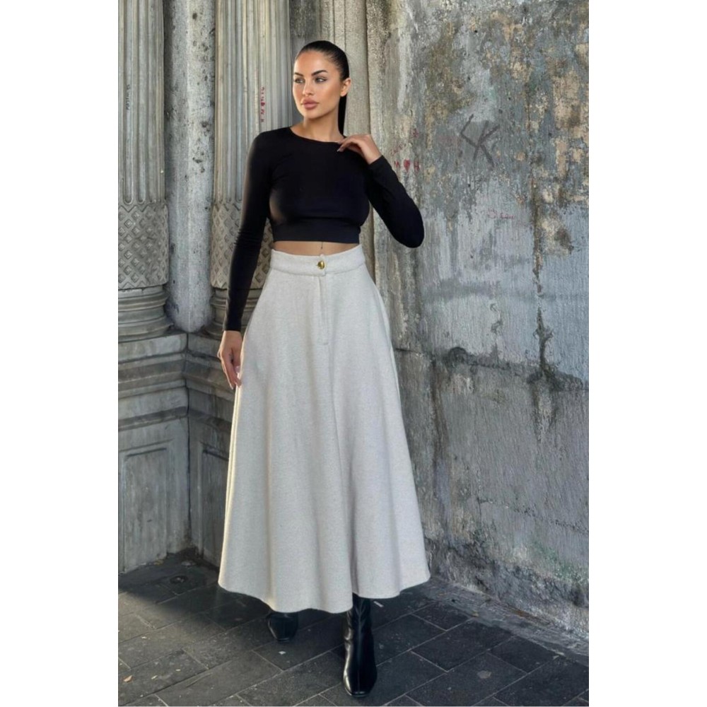 Pasaklı Giyim Pasaklı Giyim Kadın Kışlık Kırçıllı Kaşe Yüksek Bel Şık Uzun Kiloş Etek Bej - Premium Kadın Giyim