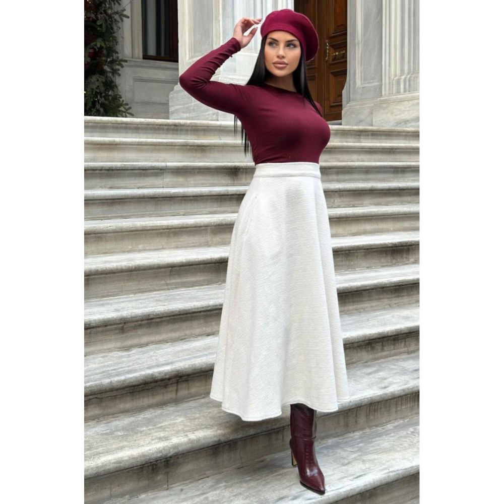 Pasaklı Giyim Pasaklı Giyim Kadın Kışlık Kırçıllı Kaşe Yüksek Bel Şık Uzun Kiloş Etek Ekru - Premium Kadın Giyim