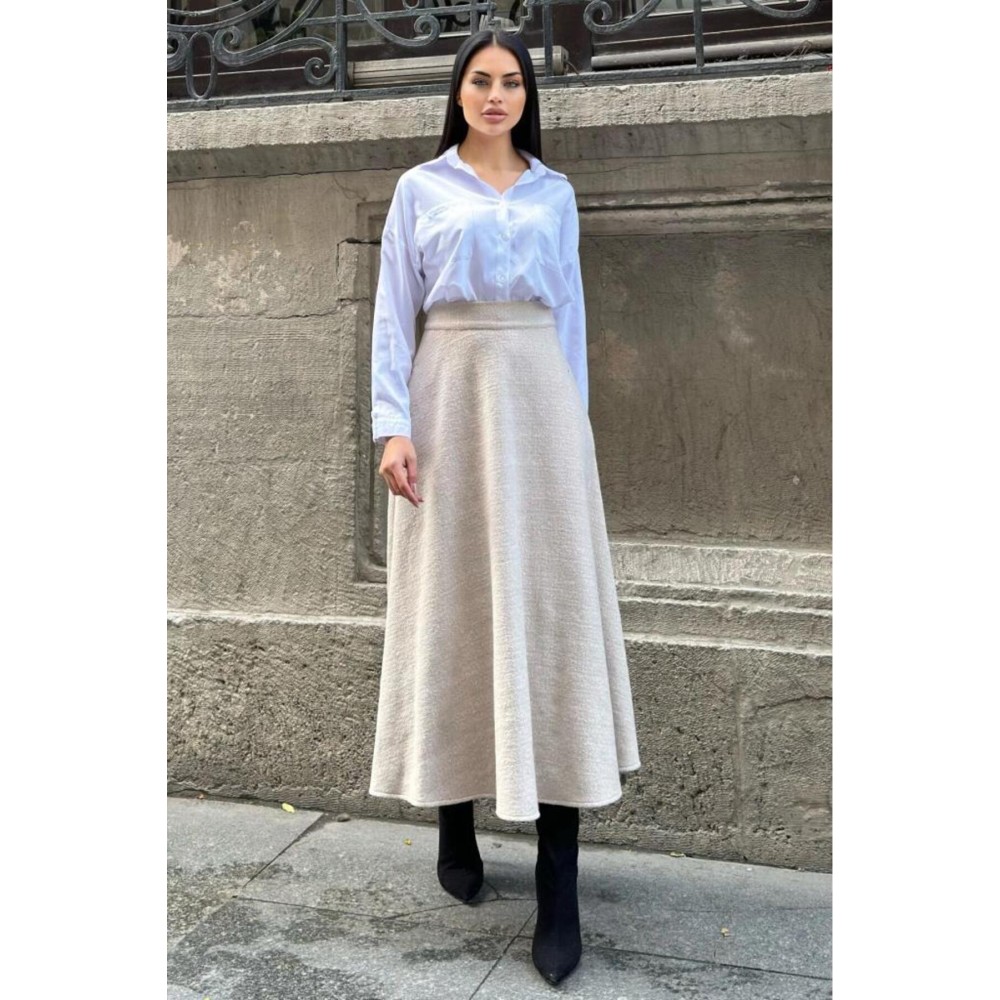 Pasaklı Giyim Pasaklı Giyim Kadın Kışlık Kırçıllı Kaşe Yüksek Bel Şık Uzun Kiloş Etek Vizon - Premium Kadın Giyim