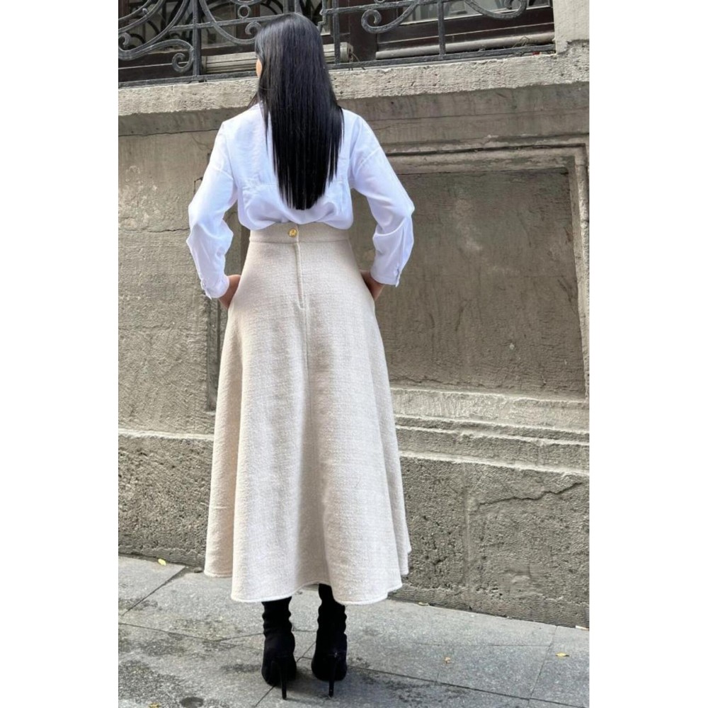 Pasaklı Giyim Pasaklı Giyim Kadın Kışlık Kırçıllı Kaşe Yüksek Bel Şık Uzun Kiloş Etek Vizon - Premium Kadın Giyim