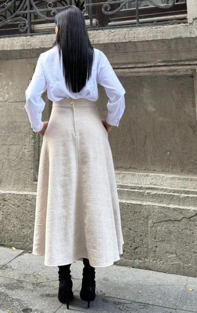 Pasaklı Giyim Kadın Kışlık Kırçıllı Kaşe Yüksek Bel Şık Uzun Kiloş Etek Vizon 3528330