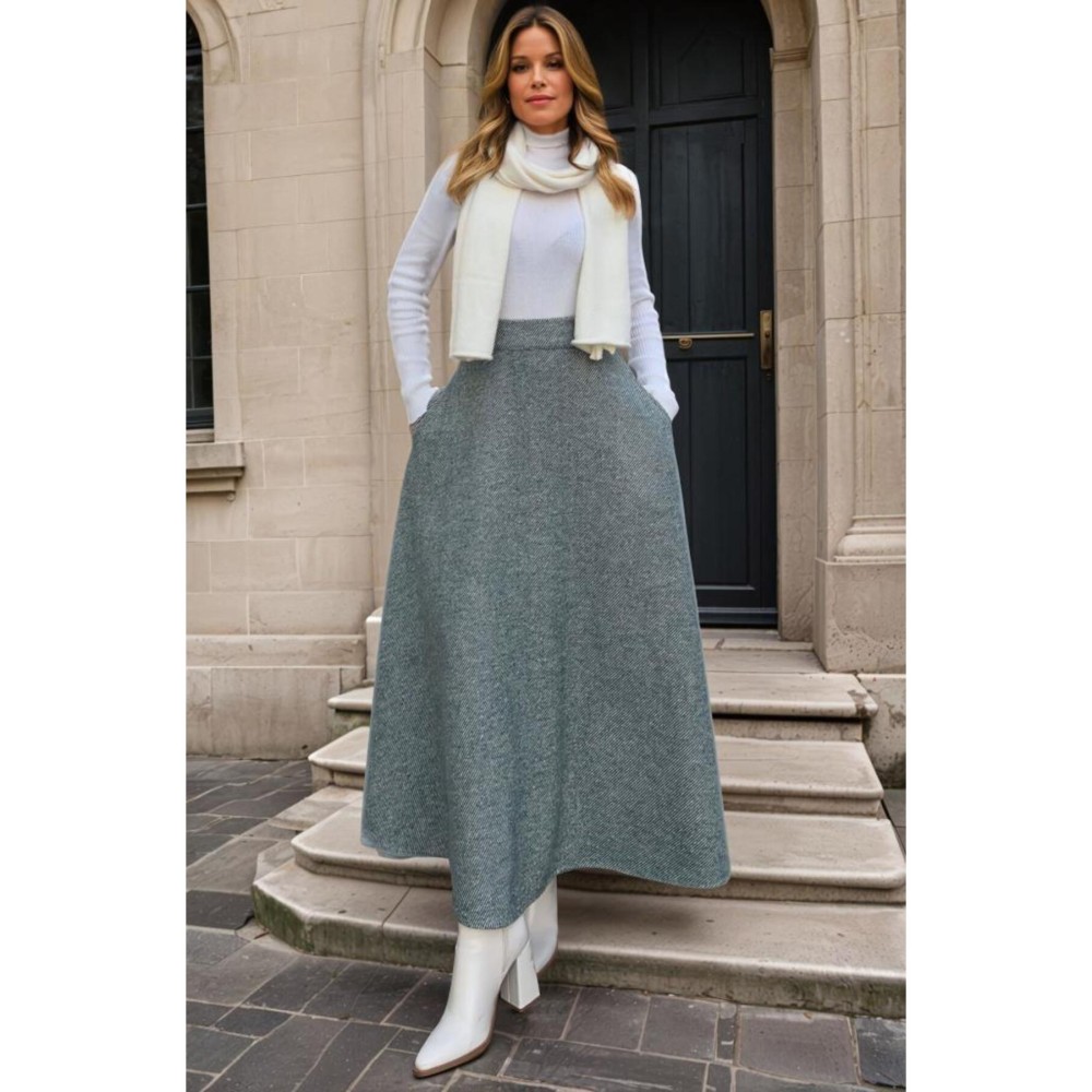 Pasaklı Giyim Pasaklı Giyim Kadın Kışlık Kırçıllı Kaşe Yüksek Bel Şık Uzun Kiloş Etek Zümrüt - Premium Kadın Giyim