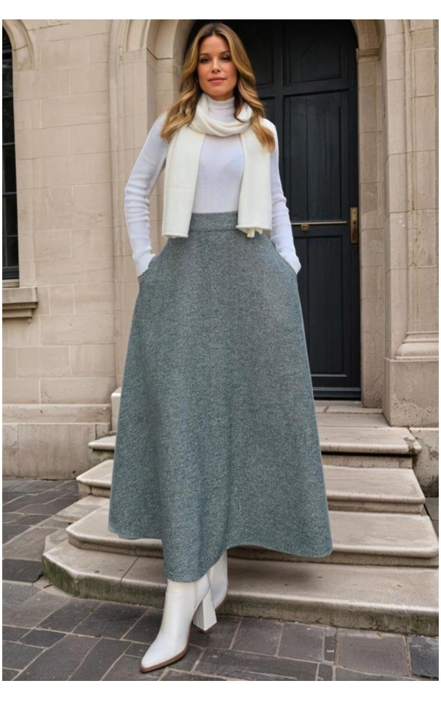 Pasaklı Giyim Kadın Kışlık Kırçıllı Kaşe Yüksek Bel Şık Uzun Kiloş Etek Zümrüt 3528330