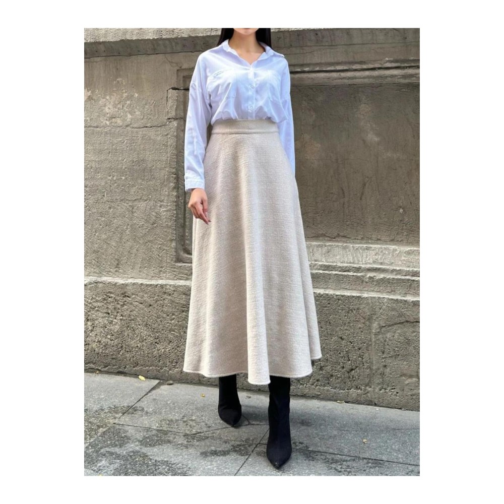 Pasaklı Giyim Pasaklı Giyim Kadın Kışlık Kırçıllı Kaşe Yüksek Bel Şık Uzun Kiloş Etek Vizon - Premium Kadın Giyim