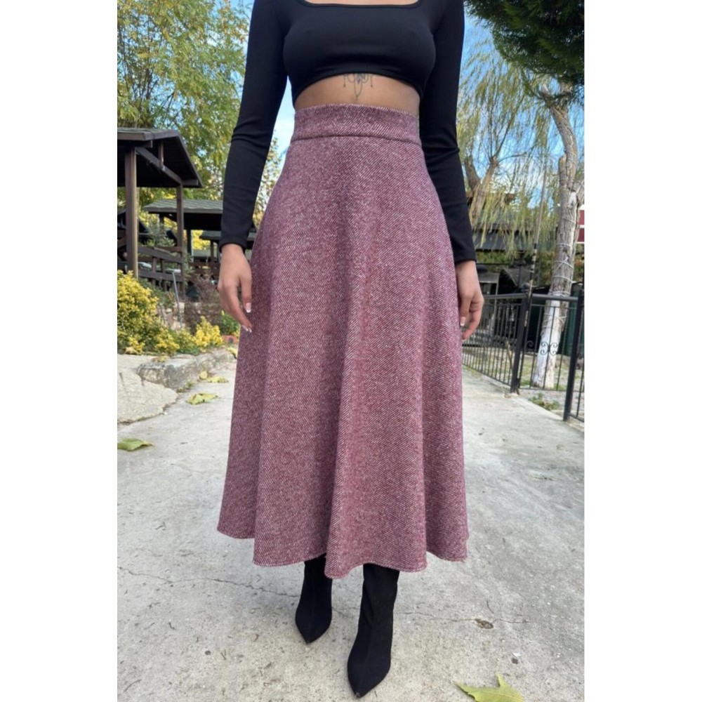 Pasaklı Giyim Pasaklı Giyim Kadın Kışlık Kırçıllı Kaşe Yüksek Bel Şık Uzun Kiloş Etek Bordo - Premium Kadın Giyim