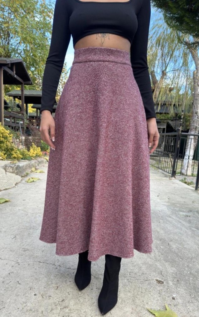 Pasaklı Giyim Kadın Kışlık Kırçıllı Kaşe Yüksek Bel Şık Uzun Kiloş Etek Bordo 3528330