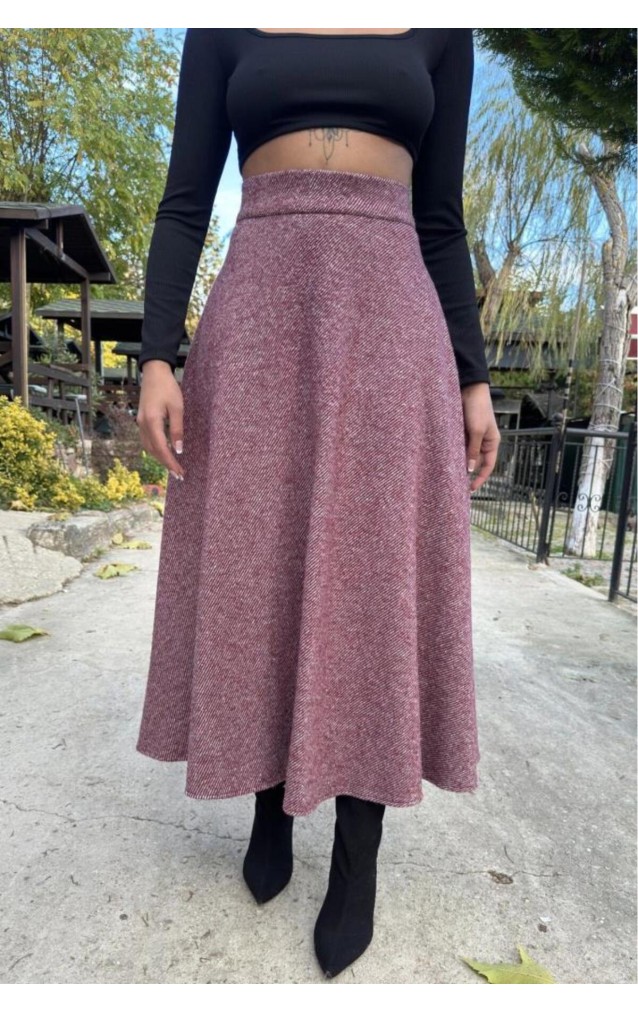 Pasaklı Giyim Kadın Kışlık Kırçıllı Kaşe Yüksek Bel Şık Uzun Kiloş Etek Bordo 3528330
