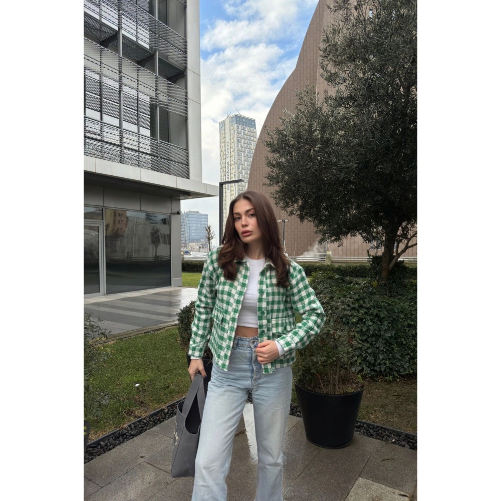 Pasaklı Giyim Pasaklı Giyim Kadın Kaşe, Şanel Ekose Tüvit Ceket Benetton Yeşil - Premium Kadın Giyim