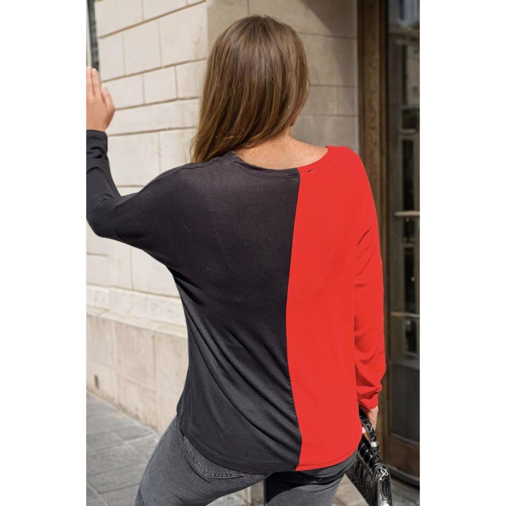 Pasaklı Giyim Pasaklı Giyim Kadın Color Block V Yaka Bluz Kırmızı - Premium Kadın Giyim