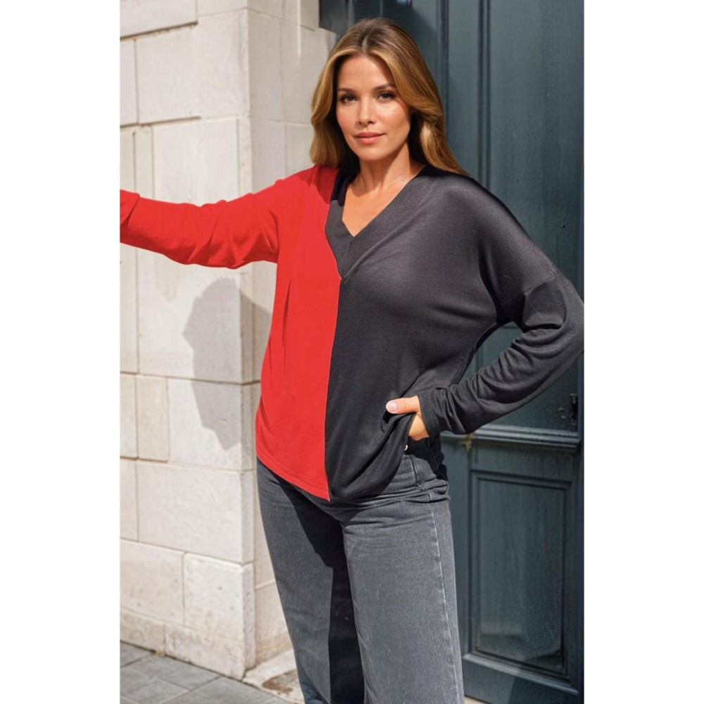 Pasaklı Giyim Pasaklı Giyim Kadın Color Block V Yaka Bluz Kırmızı - Premium Kadın Giyim