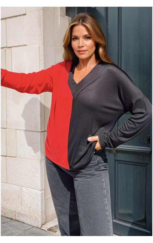 Pasaklı Giyim Kadın Color Block V Yaka Bluz 3587200 Kırmızı