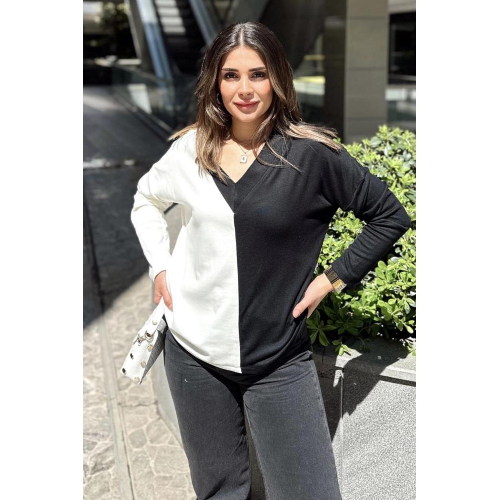 Pasaklı Giyim Pasaklı Giyim Kadın Color Block V Yaka Bluz Beyaz - Premium Kadın Giyim