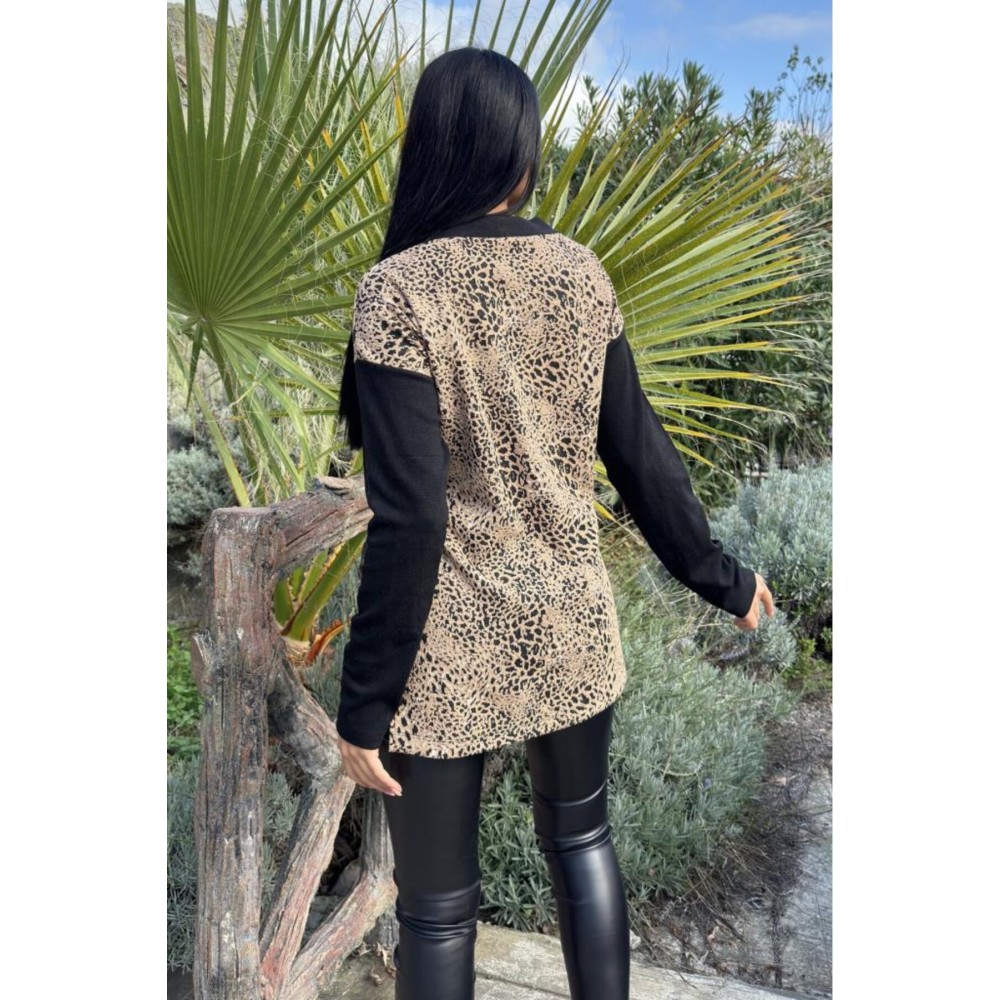 Pasaklı Giyim Pasaklı Giyim Kadın Leopar Desenli Yırtmaçlı Siyah Hırka - Premium Kadın Giyim