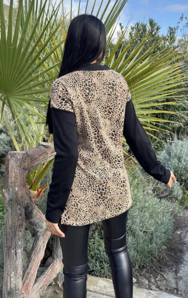 Pasaklı Giyim Kadın Leopar Desenli Yırtmaçlı Siyah Hırka 3679300