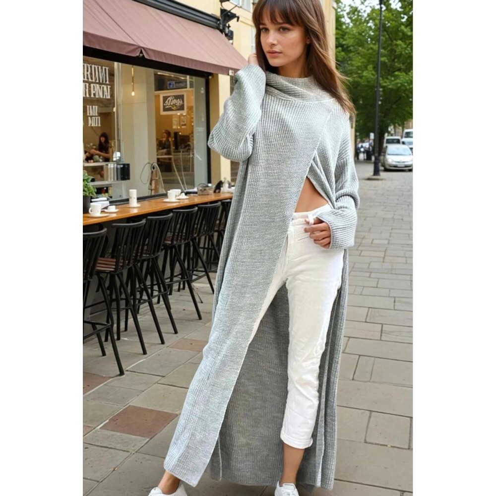 Pasaklı Giyim Pasaklı Giyim Kadın Panço Özel Tasarım Triko Panço Elbise Gri - Premium Kadın Giyim