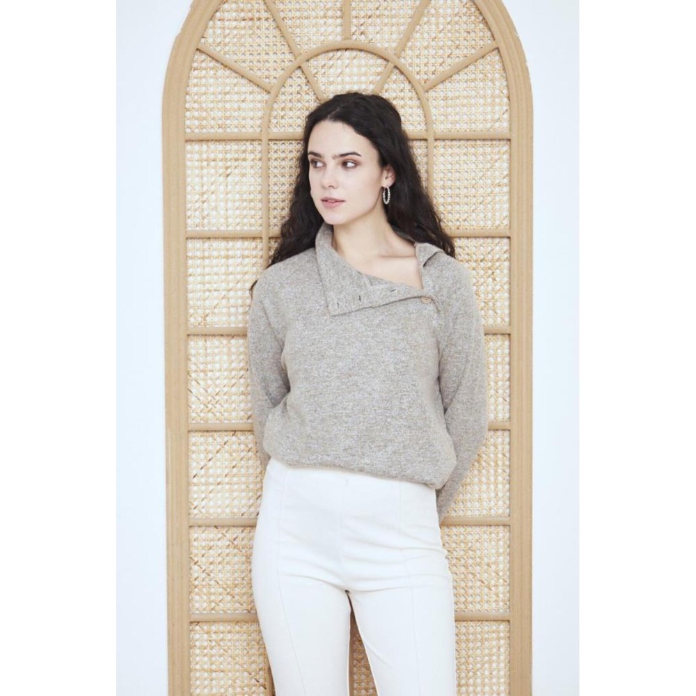 Pasaklı Giyim Pasaklı Giyim Kadın Balıkçı Yaka Düğmeli Yumoş Yün Kazak Bej - Premium Kadın Giyim