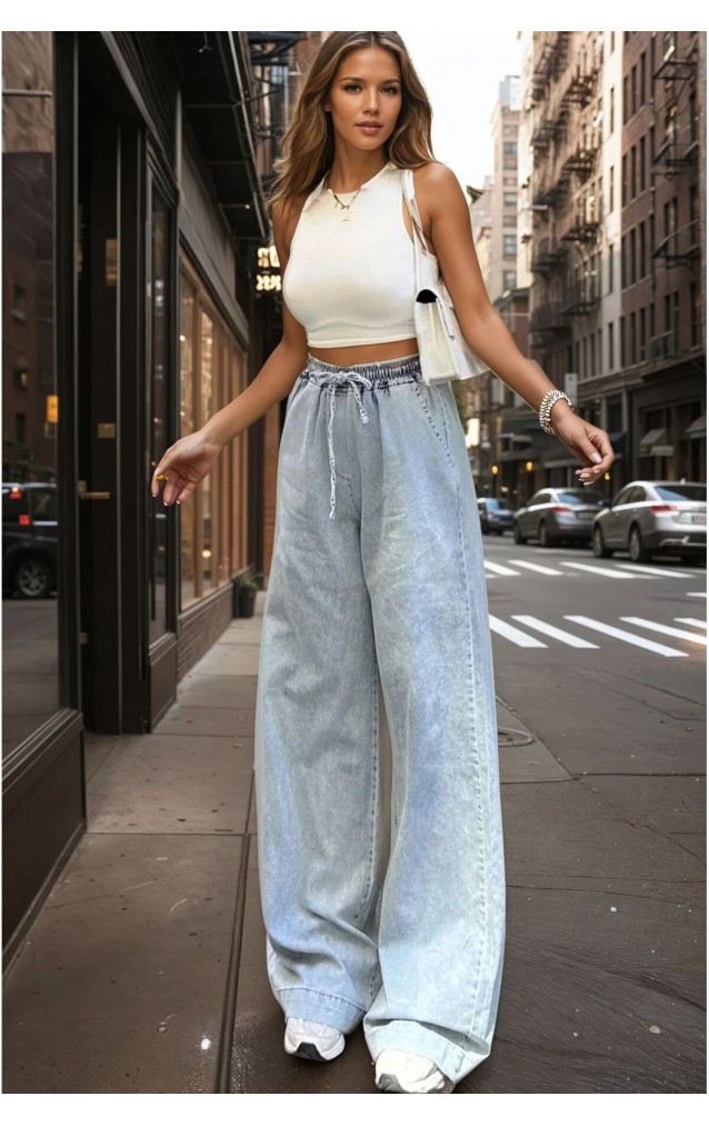 Pasaklı Giyim Kadın Beli Bağcıklı Bol Paça Salaş  Kot Pantolon 700-KT-0088319 Kar Yıkama