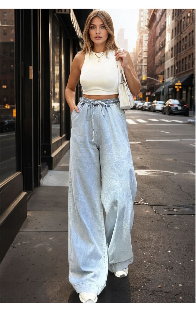 Pasaklı Giyim Kadın Beli Bağcıklı Bol Paça Salaş  Kot Pantolon 700-KT-0088319 Kar Yıkama