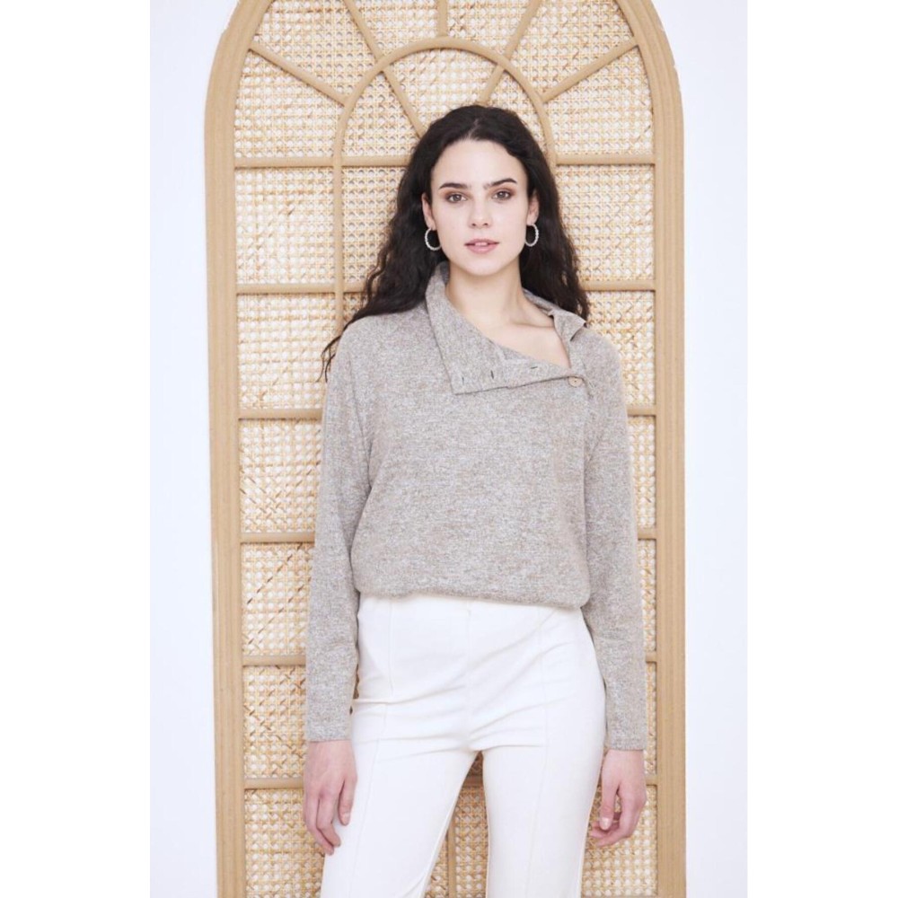 Pasaklı Giyim Pasaklı Giyim Kadın Balıkçı Yaka Düğmeli Yumoş Yün Kazak Bej - Premium Kadın Giyim