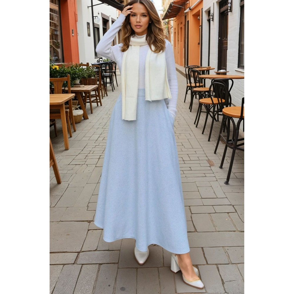 Pasaklı Giyim Pasaklı Giyim Kadın Kışlık Kırçıllı Kaşe Yüksek Bel Şık Uzun Kiloş Etek Mavi - Premium Kadın Giyim