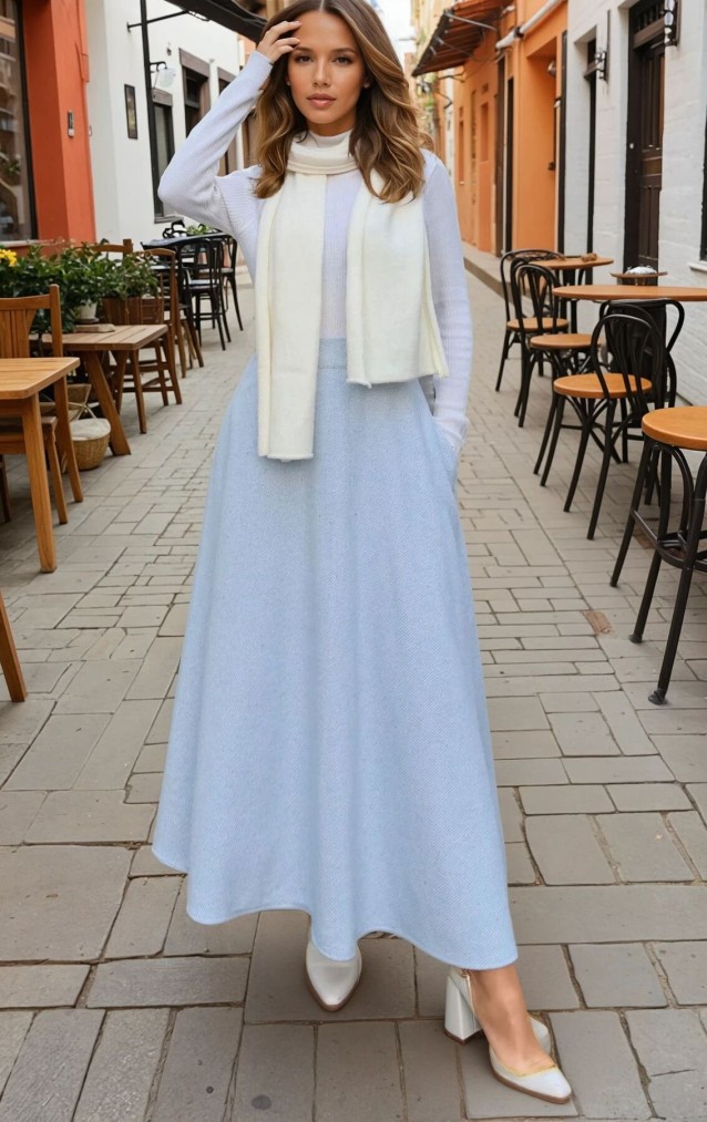 Pasaklı Giyim Kadın Kışlık Kırçıllı Kaşe Yüksek Bel Şık Uzun Kiloş Etek Mavi 3528330