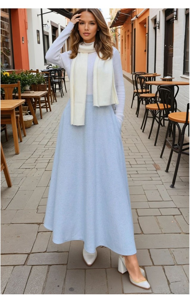 Pasaklı Giyim Kadın Kışlık Kırçıllı Kaşe Yüksek Bel Şık Uzun Kiloş Etek Mavi 3528330