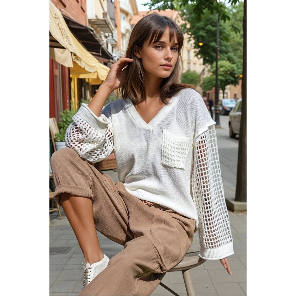 Pasaklı Giyim Kadın Bej Salaş Kolları File Detaylı Kapişonlu Örgü Triko Kazak-Sweatshirt - Premium Kadın Giyim
