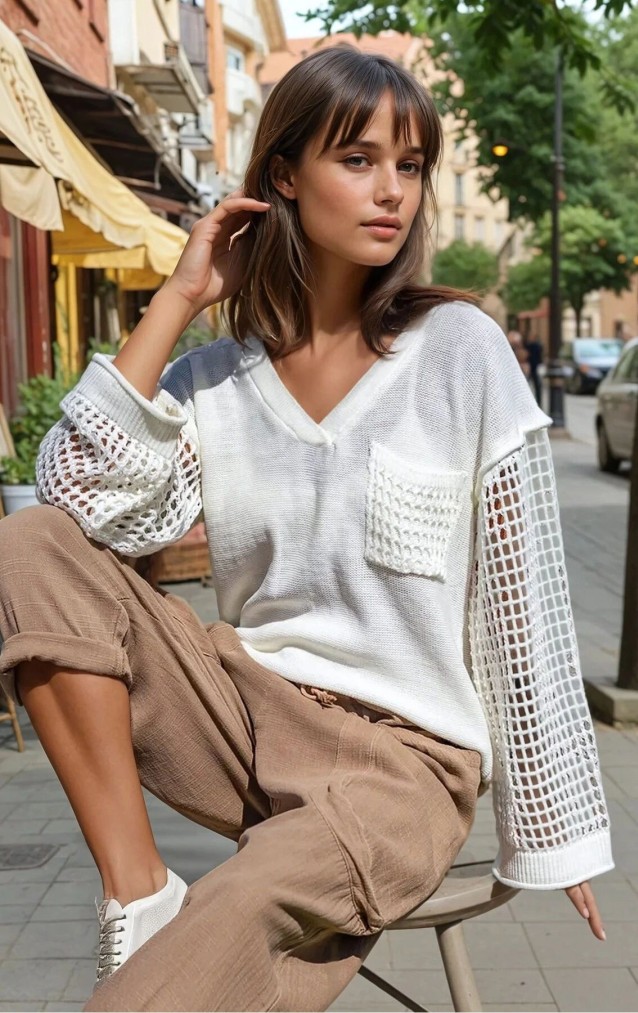 Kadın Bej Salaş Kolları File Detaylı Kapişonlu Standart Beden Örgü Triko Kazak-Sweatshirt CCK95006260