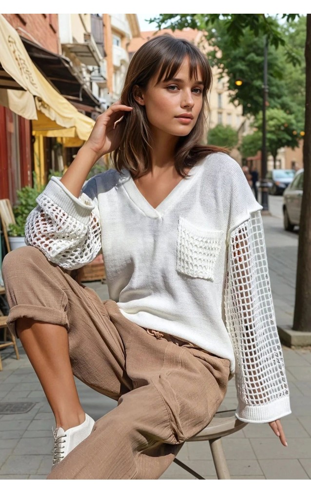 Kadın Bej Salaş Kolları File Detaylı Kapişonlu Standart Beden Örgü Triko Kazak-Sweatshirt CCK95006260